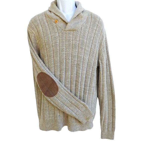 J Crew Mens Ecru Cable Knit Cotton Sweater Leather Elbow Patches Shawl Collar L - Picture 1 of 8